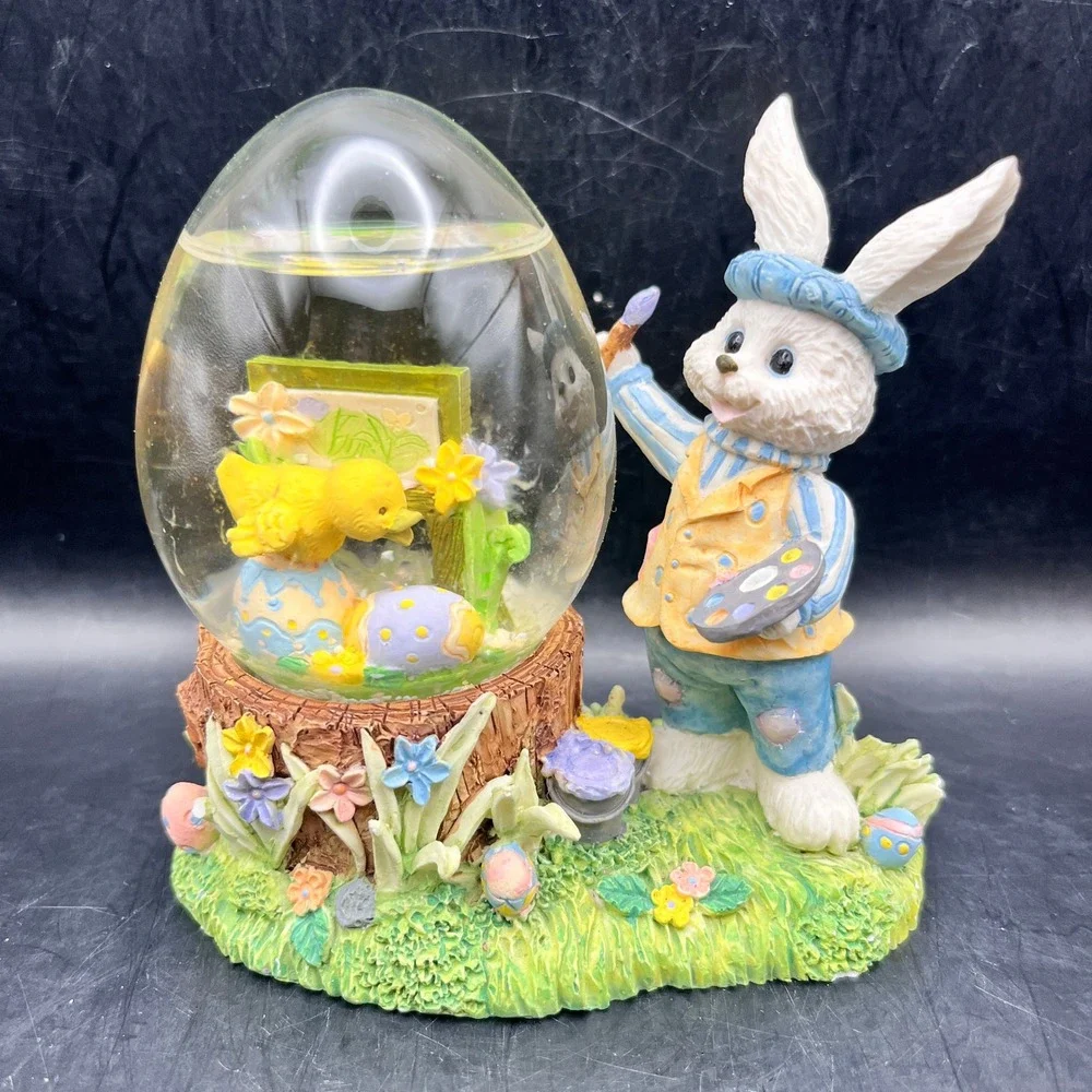 Easter Bunny Painter Water Globe and Lying Rabbit‎ Figurine Set Pastel Decor